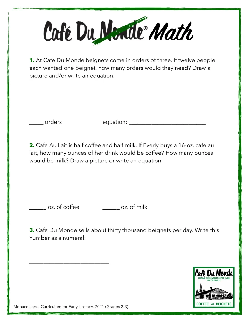 Math problems 1–3: orders of three beignets, halves of a 16-ounce drink, and thirty thousand as a numeral