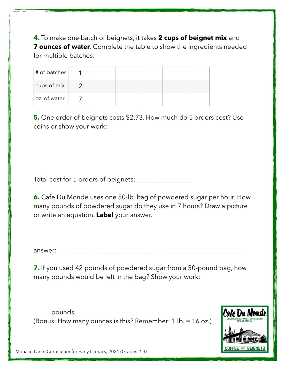 Math problems 4–7: recipe batches, five $2.73 orders, powdered sugar in pounds, and a bonus ounce conversion