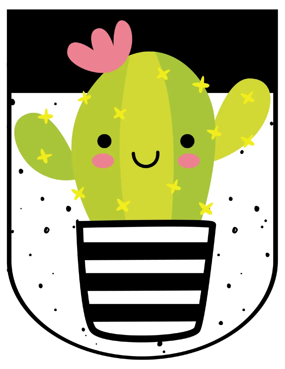 Cactus awning scallop: smiling saguaro cactus with a pink flower in a black and white striped pot below a black stripe