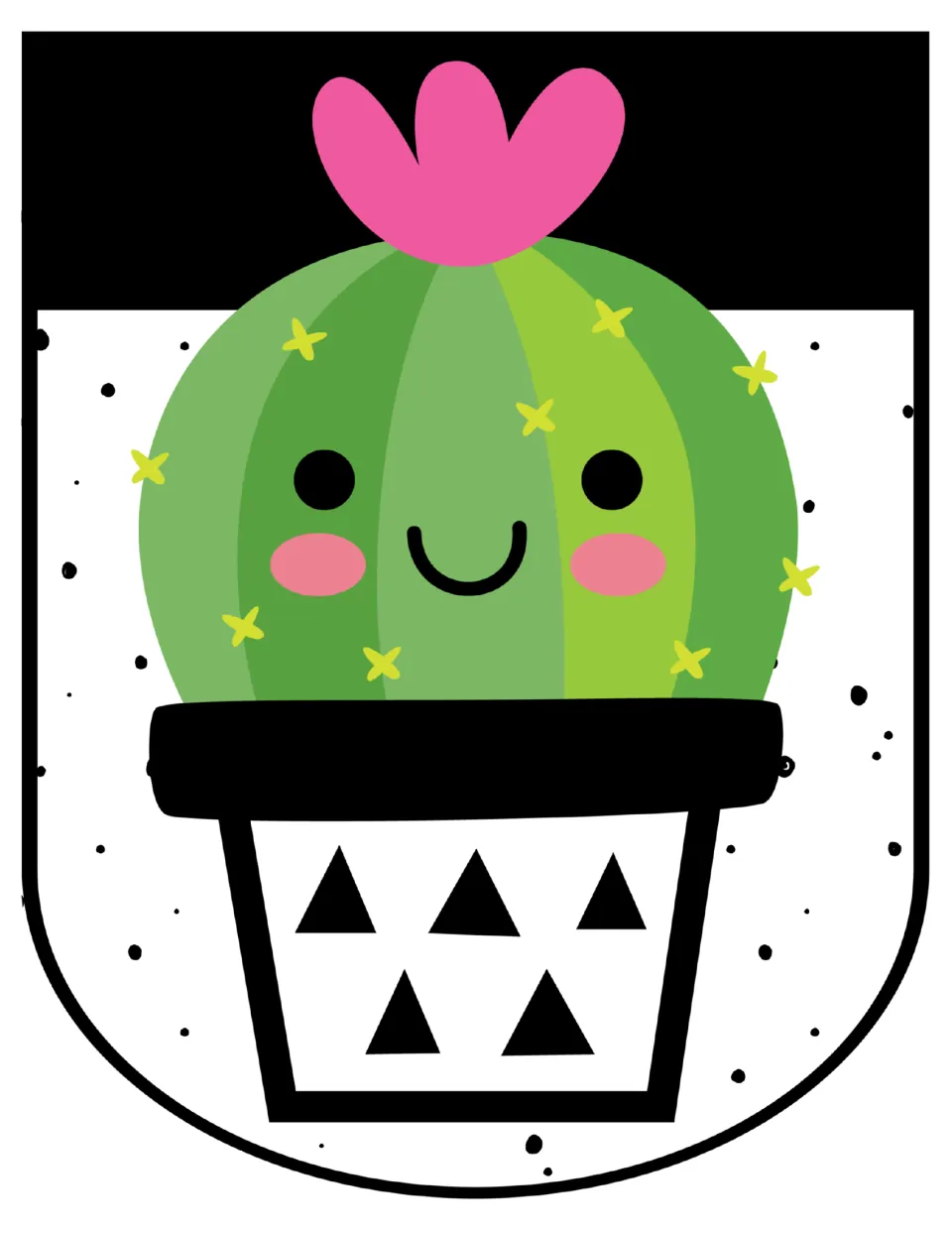 Cactus awning scallop: round barrel cactus with a pink bloom and blushing smile in a white pot printed with black triangles