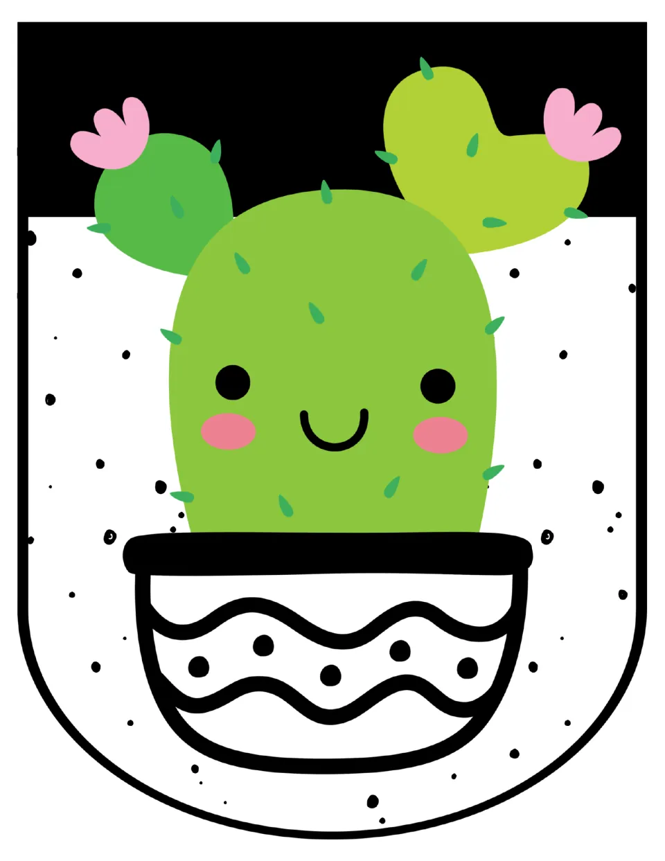 Prickly pear awning scallop: smiling cactus with two pink-flowered pads in a wavy-line and polka-dot black and white bowl