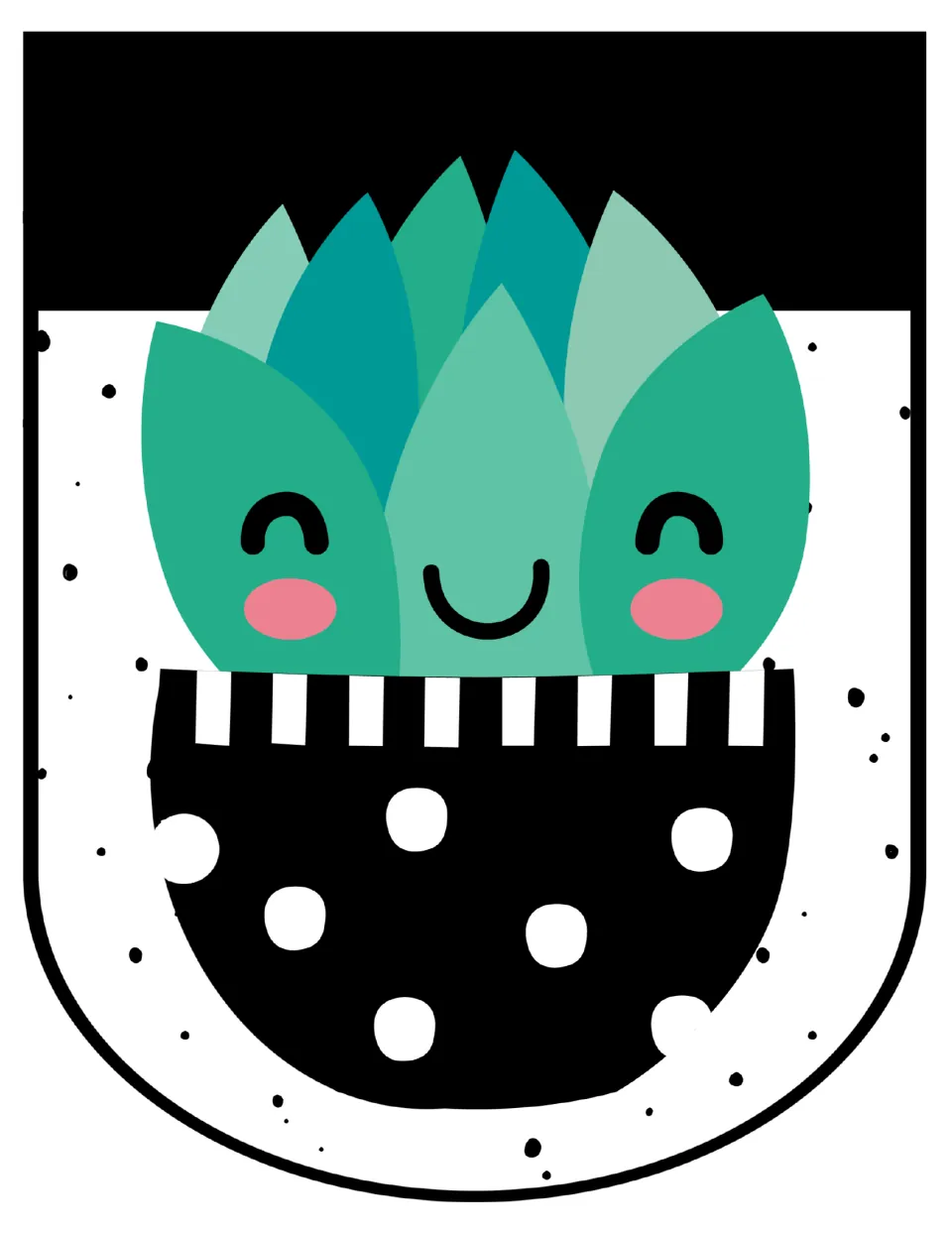 Succulent awning scallop: teal rosette succulent with closed happy eyes in a black pot with white polka dots