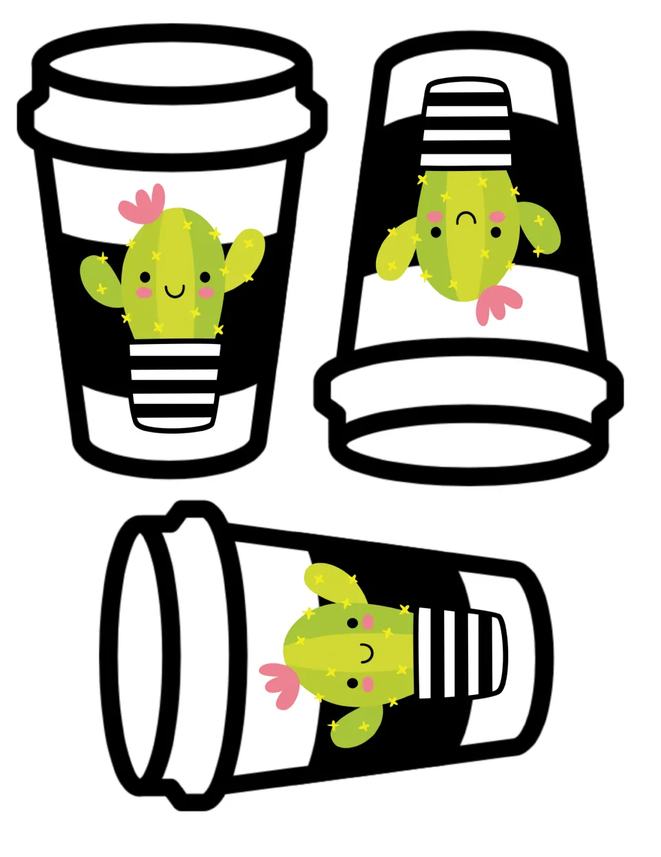 Latte cup cut-outs: three to-go coffee cups at different angles, each with a smiling green cactus in a striped pot