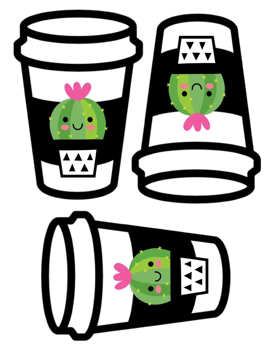 Latte cup cut-outs: three to-go coffee cups, upright, upside down and sideways, each with a pink-flowered barrel cactus