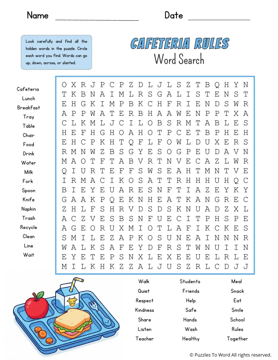Cafeteria rules word search in color: students circle 40 lunchroom words like tray, napkin, recycle and respect
