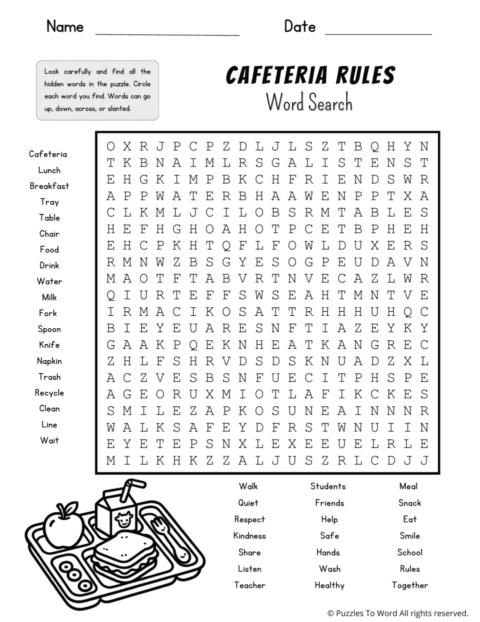 Black-and-white cafeteria rules puzzle: students find words such as quiet, share, wash, line and wait hidden in the grid