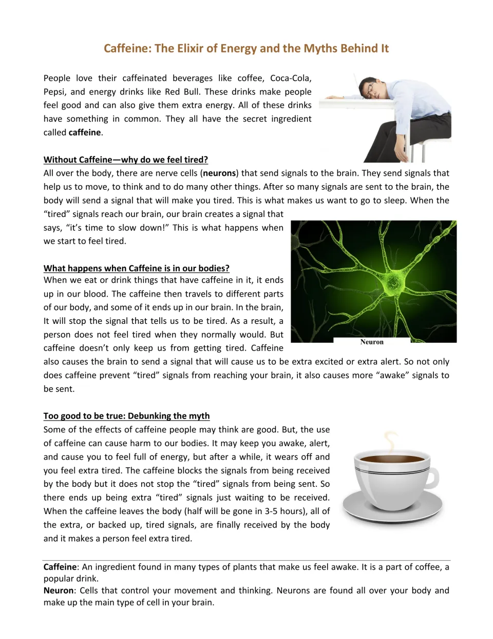 Caffeine article opening: why we feel tired, how caffeine affects the brain, and definitions of caffeine and neuron