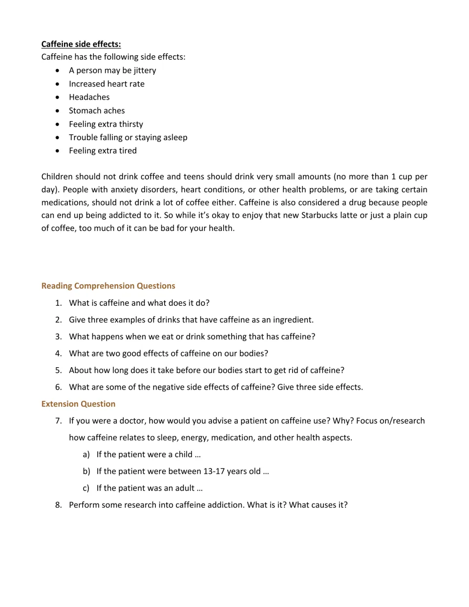 Caffeine article continuation: side effects, six reading comprehension questions, and two research extension prompts