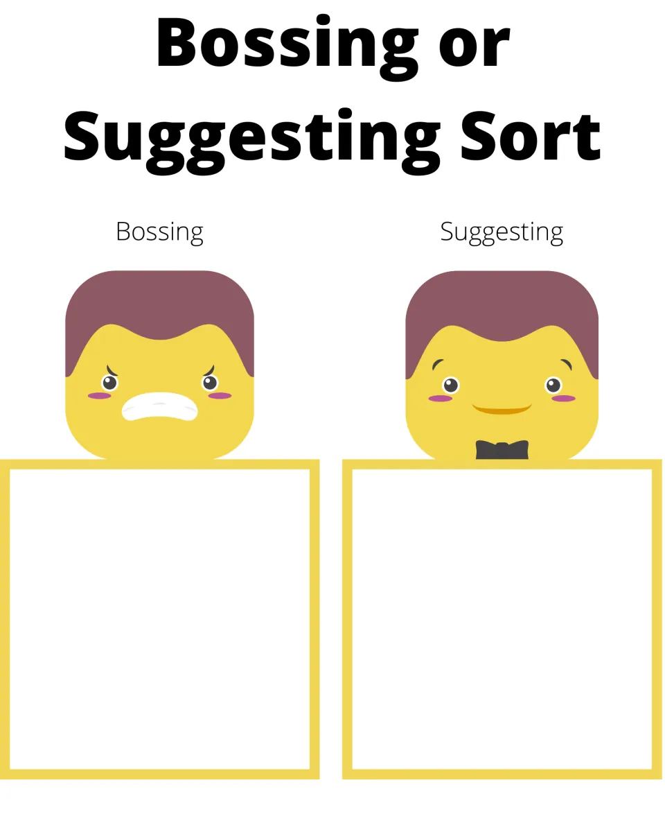 Sorting mat for the 24 statement cards, headed “Bossing or Suggesting Sort,” with both categories labeled