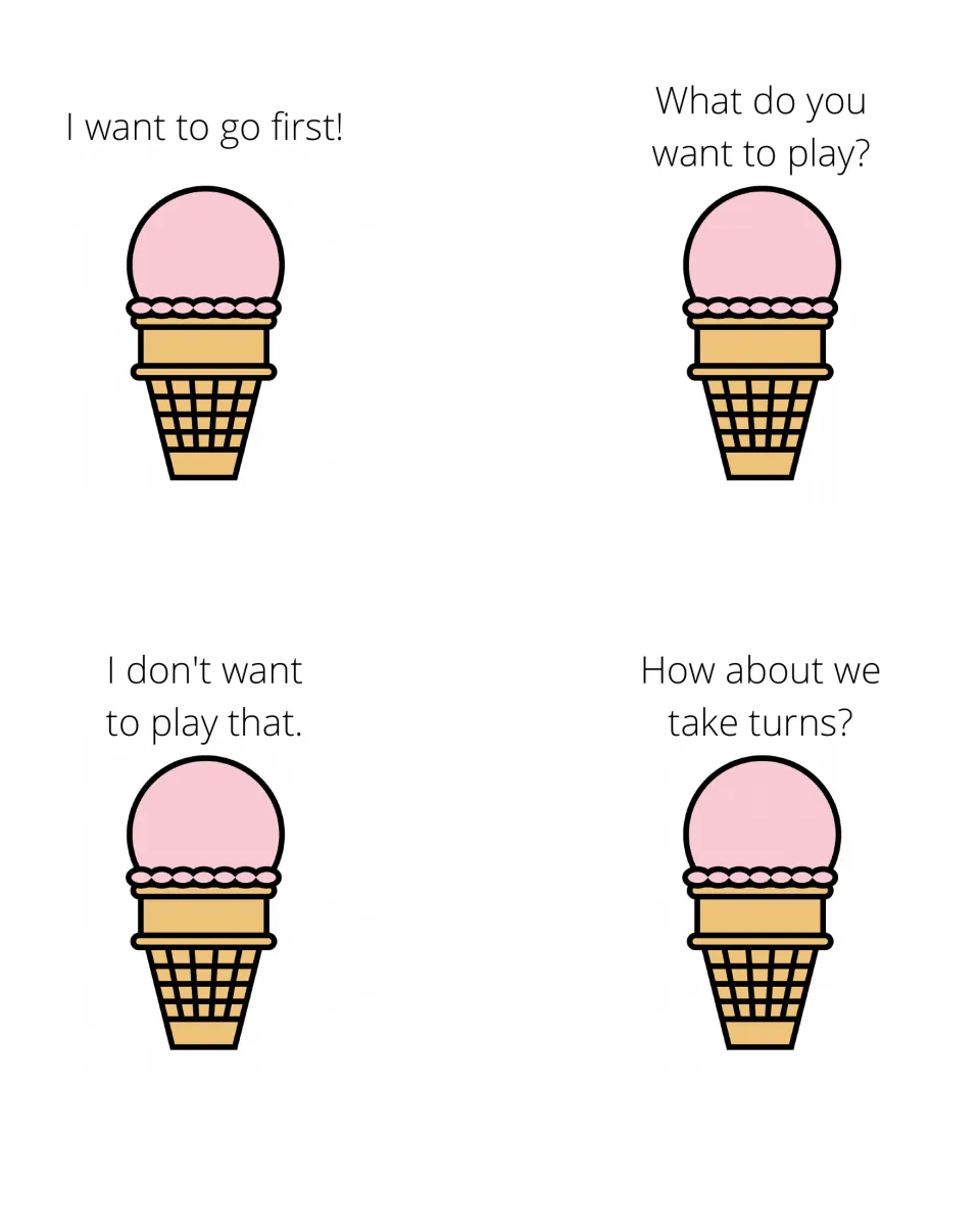 Sorting cards 1–4: “I want to go first!”, “What do you want to play?” and two more playtime statements
