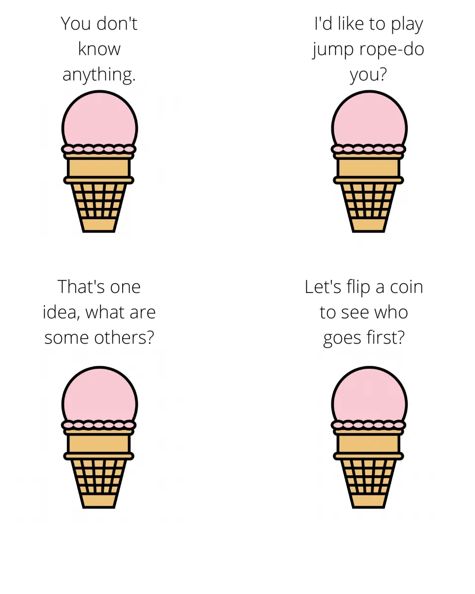 Sorting cards 13–16: “You don't know anything.”, suggesting jump rope, asking for ideas and flipping a coin