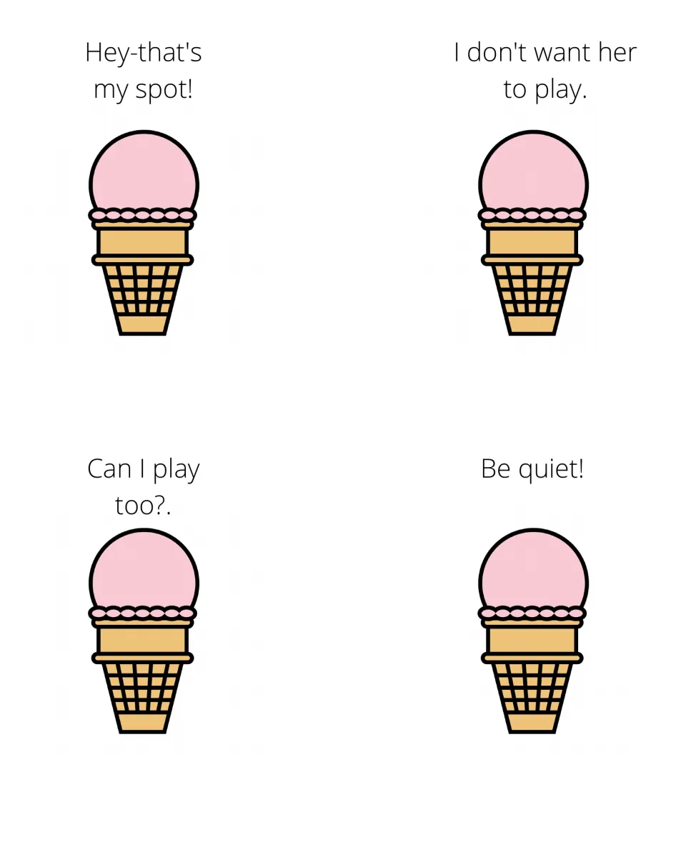 Sorting cards 17–20: claiming a spot, excluding someone, asking “Can I play too?” and saying “Be quiet!”