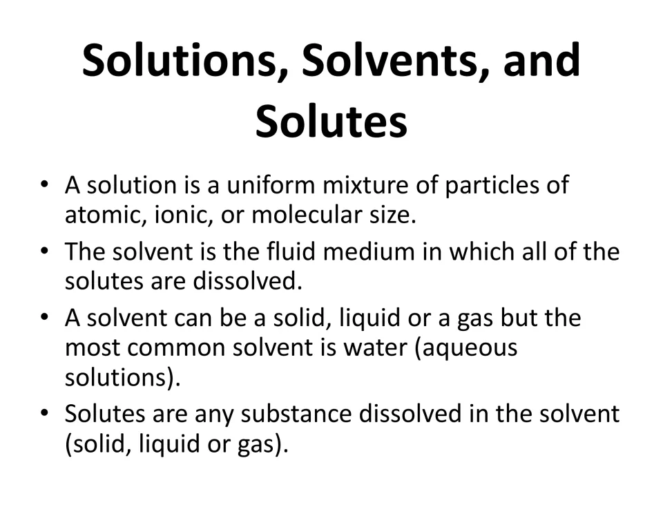 Lesson vocabulary slide defining solutions, solvents, and solutes, including water in aqueous solutions