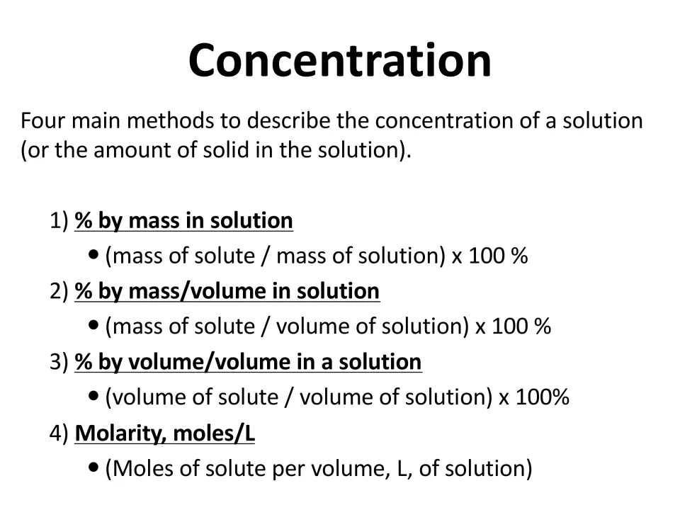 Lesson slide comparing four concentration measures: mass %, mass/volume %, volume/volume %, and molarity