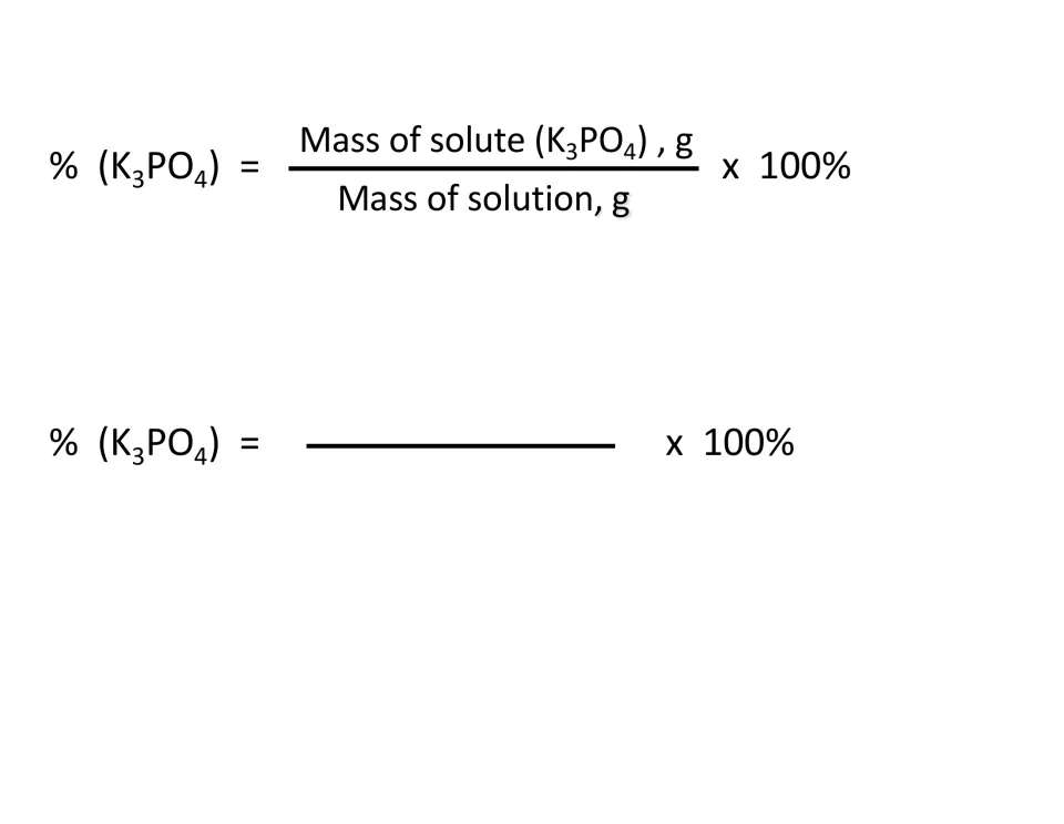Mass-percent example continues with the potassium phosphate formula and a blank ratio for substitution