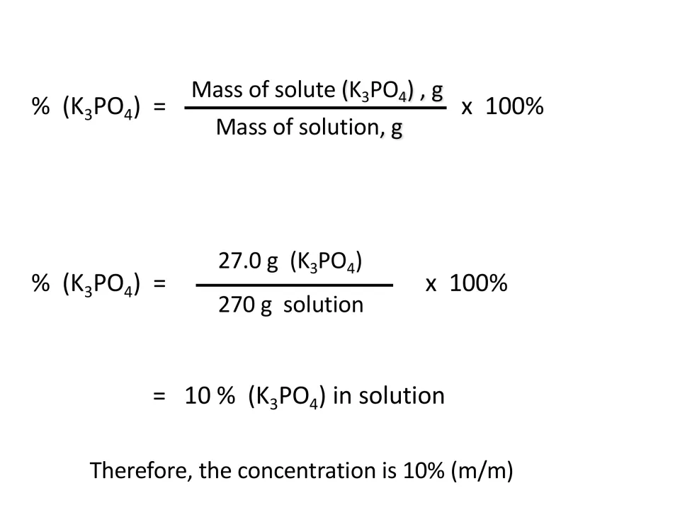 Completed mass-percent example shows 27.0 g of potassium phosphate in 270 g of solution equals 10% (m/m)