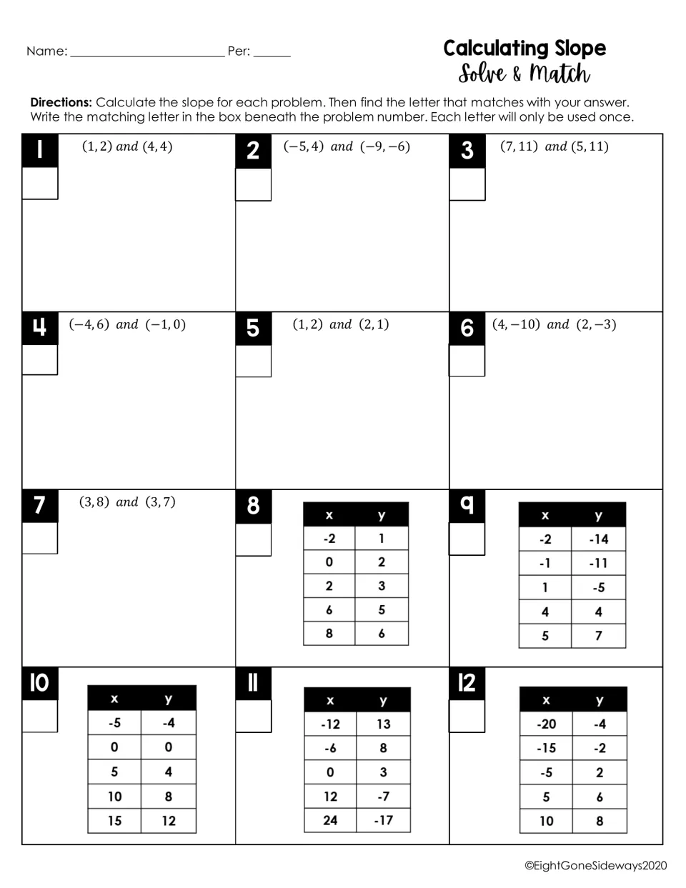 Calculating slope from two points and x-y tables: students solve problems 1-12 and write the matching answer letter