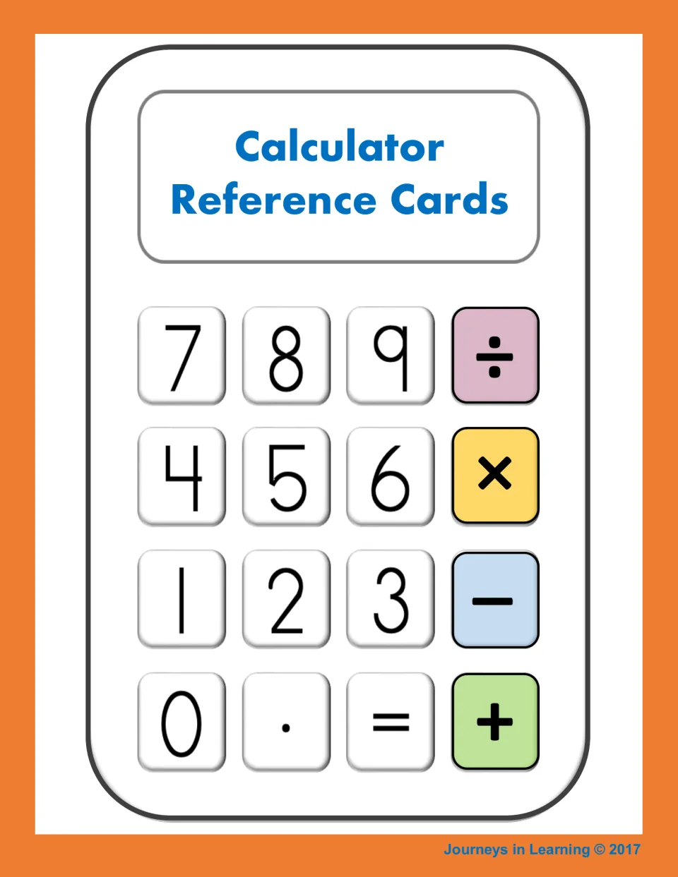 Calculator Reference Cards cover: a calculator keypad with colored divide, multiply, subtract and add keys