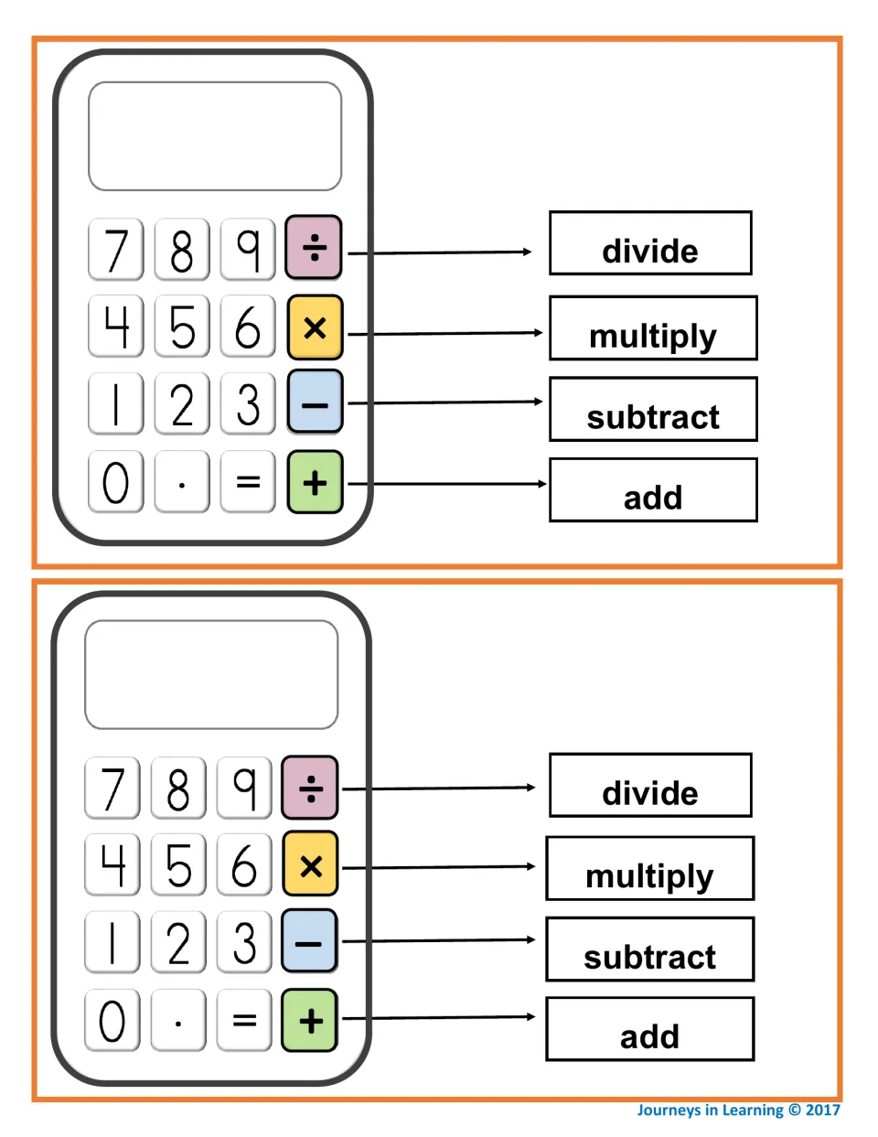 Two half-page calculator cards, each matching the ÷, ×, − and + keys to divide, multiply, subtract and add
