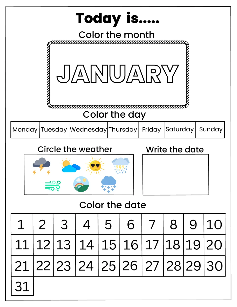 January "Today is" calendar page: students color the month name and weekday, circle the weather and write the date
