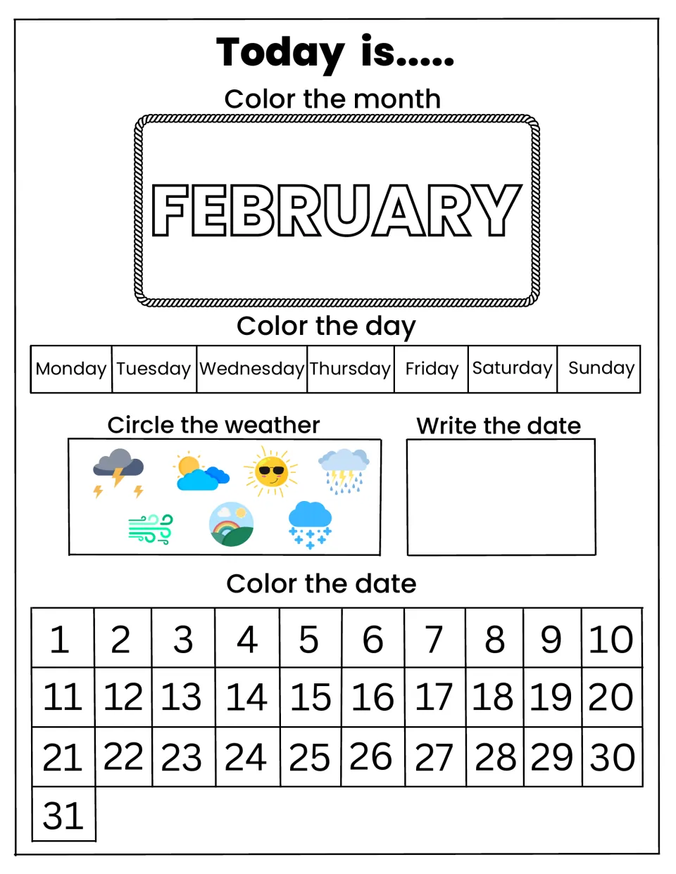 February daily calendar: students color FEBRUARY and today's weekday, circle a weather icon and color today's number