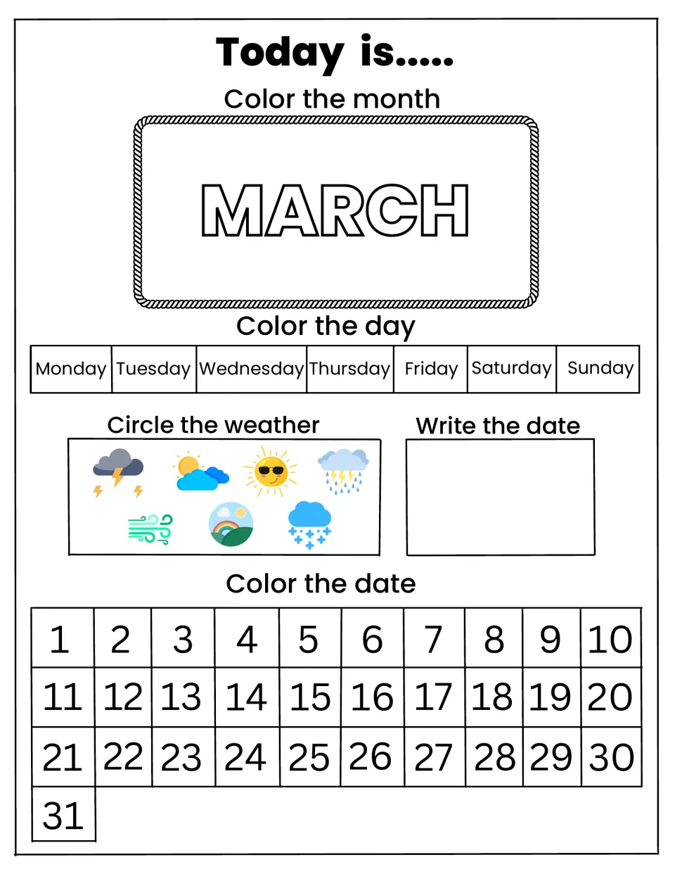 March "Today is" page: children color the month and day, pick sunny, rainy, windy or snowy weather and write the date