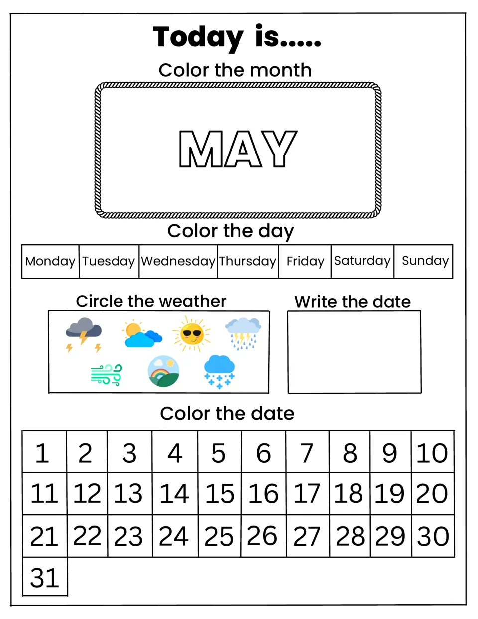 May daily date page: learners color the month, mark the weekday, circle one of seven weather pictures and write the date
