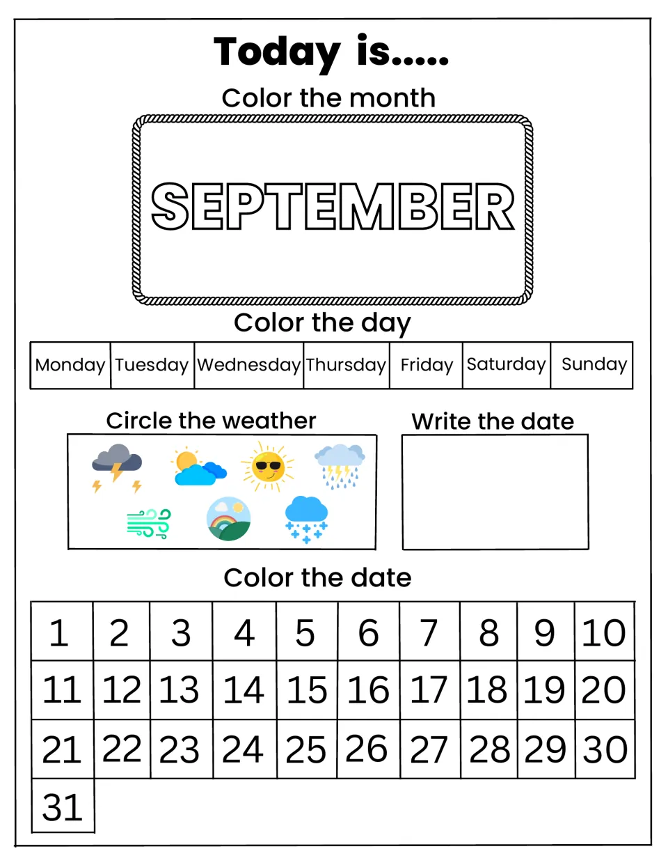 September "Today is" page: learners color the month and weekday, circle the weather and color today's date number