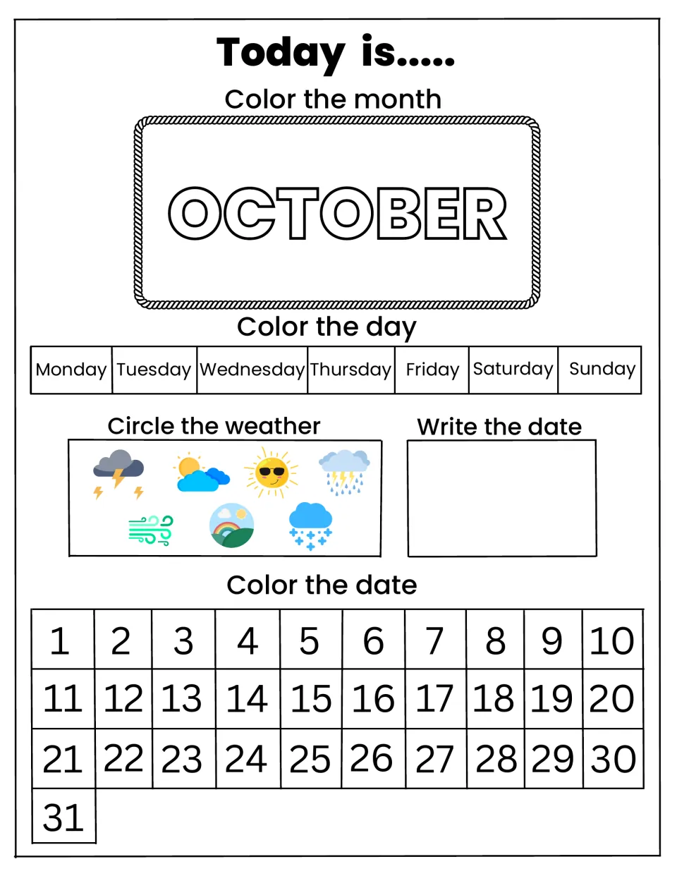 October date routine: students color OCTOBER and the weekday, circle cloudy, windy or snowy weather and write the date