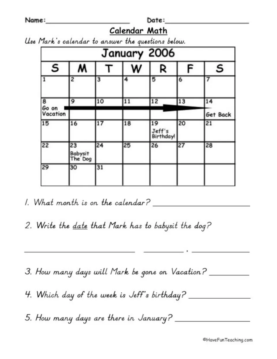January 2006 calendar practice using Mark's vacation, Jeff's birthday, and a date for babysitting the dog