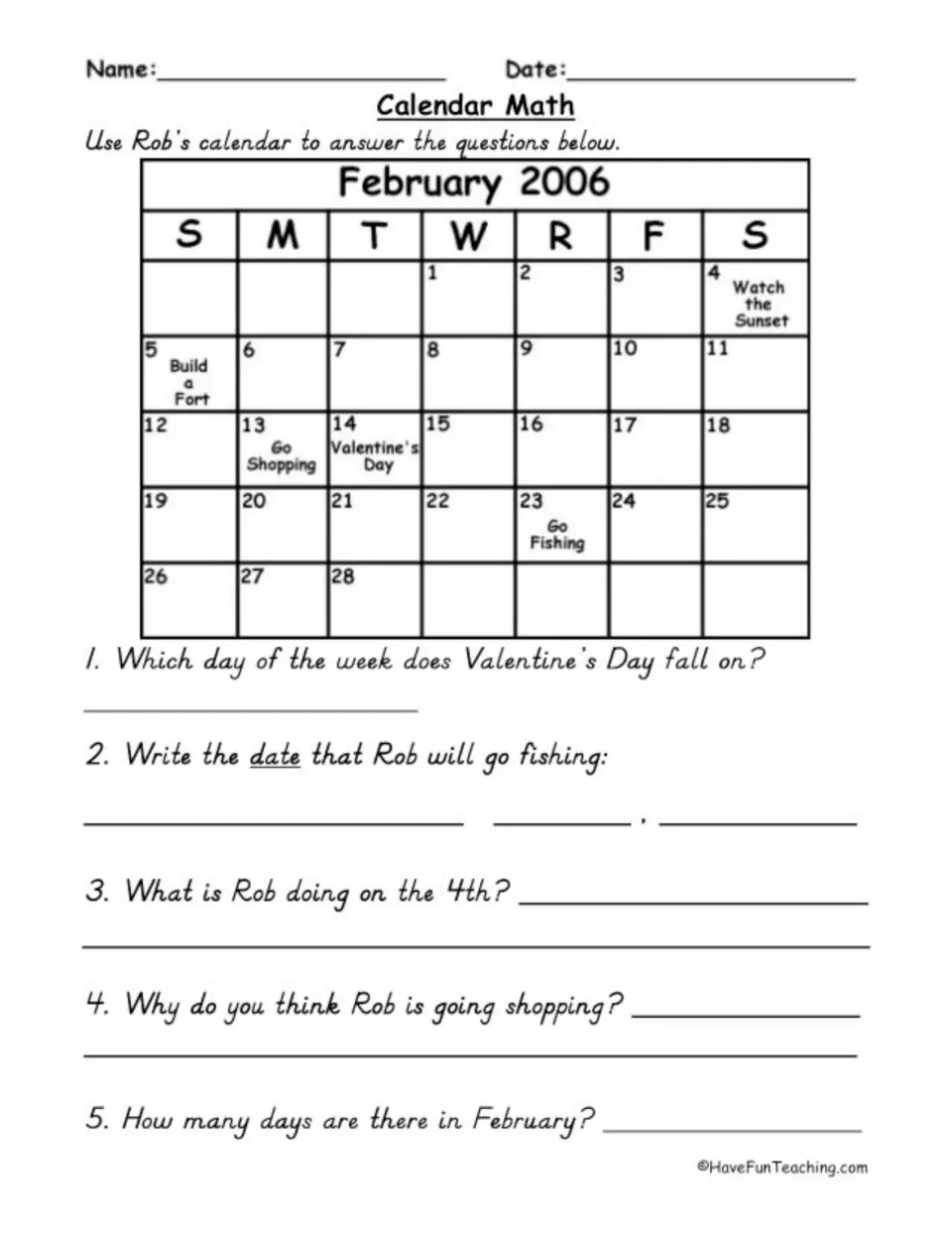 February 2006 calendar practice using Rob's schedule, with questions about Valentine's Day and fishing
