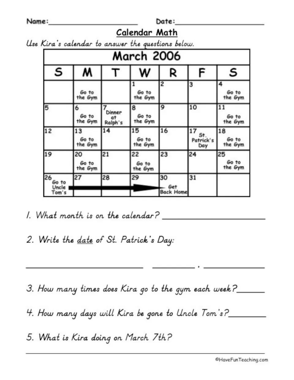 March 2006 calendar practice using Kira's gym visits, St. Patrick's Day, and a trip to Uncle Tom's
