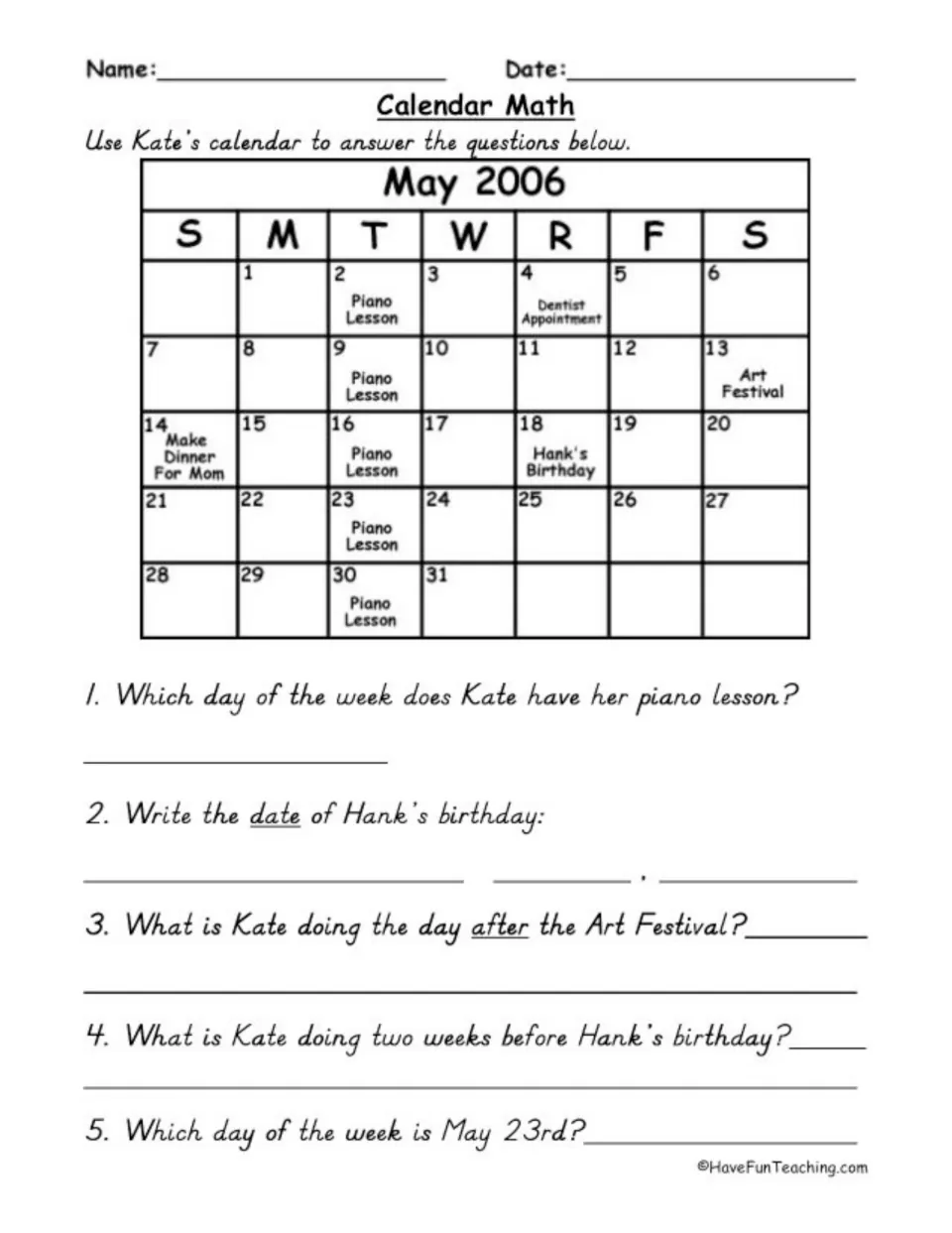 May 2006 calendar practice using Kate's piano lessons, dentist appointment, art festival, and Hank's birthday