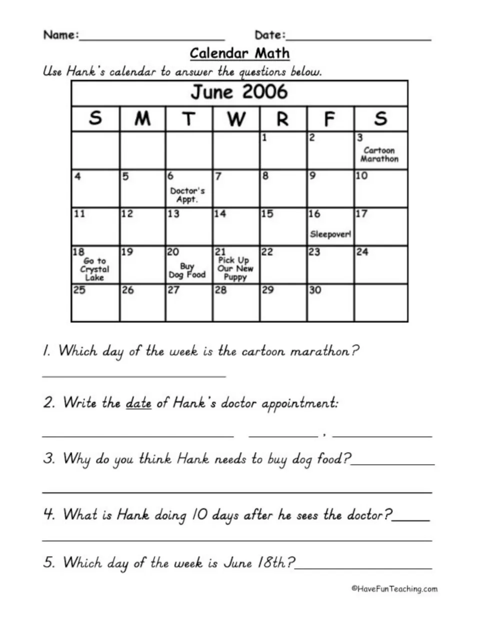 June 2006 calendar practice using Hank's cartoon marathon, doctor appointment, sleepover, and new puppy