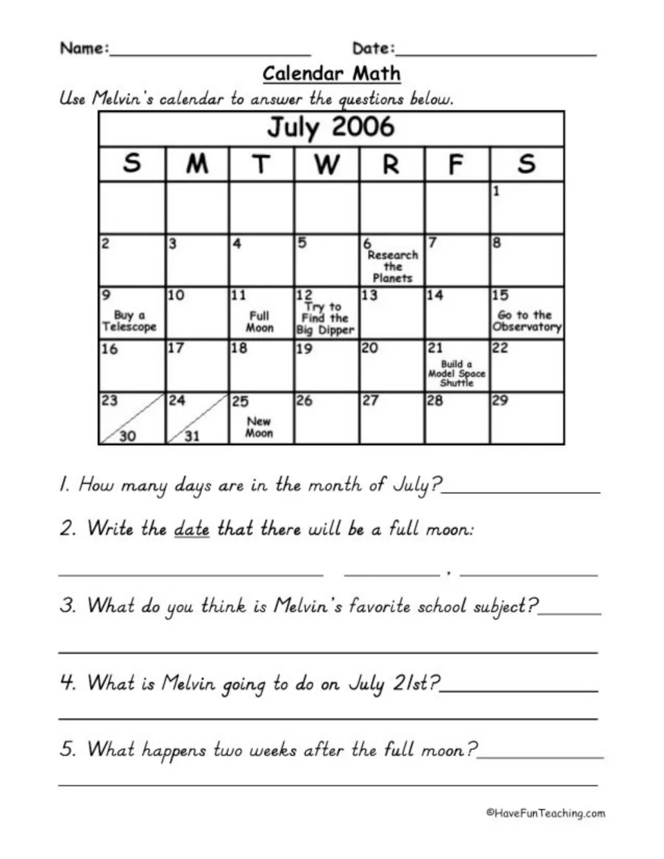 July 2006 calendar practice using Melvin's full moon, new moon, observatory visit, and model space shuttle