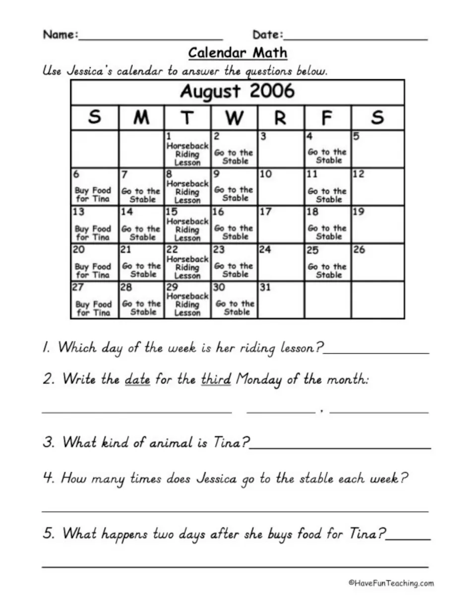 August 2006 calendar practice using Jessica's horseback riding lessons, stable visits, and food for Tina
