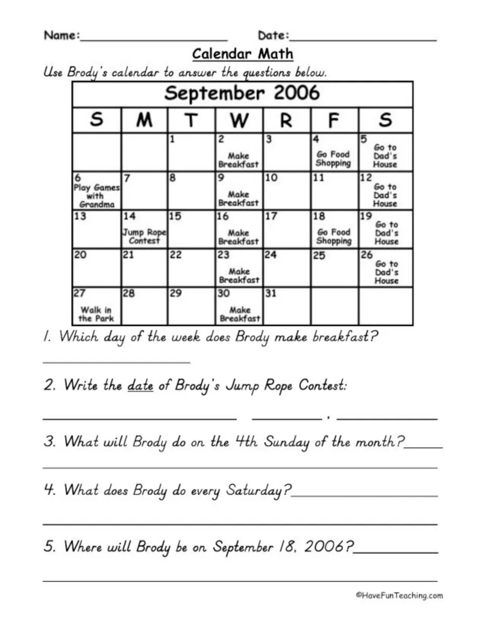 September calendar practice using Brody's breakfast routine, jump rope contest, and visits to Dad's house