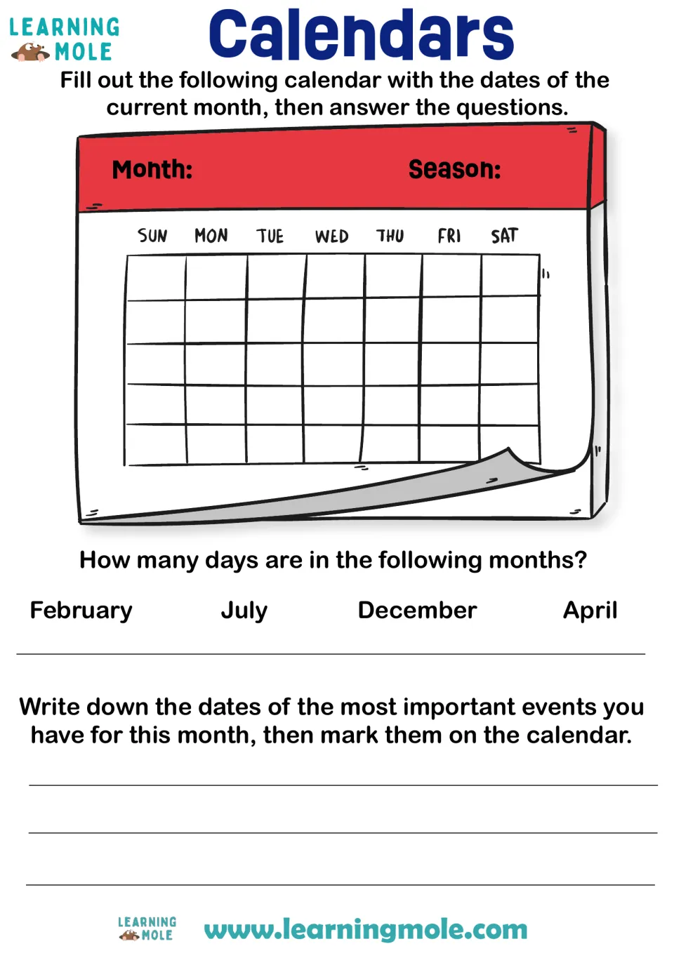Calendar skills: students fill in this month's dates and season, give days in 4 months and mark key events