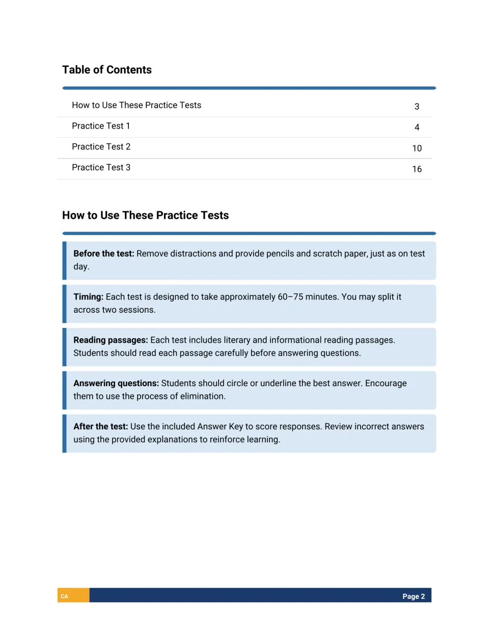 Table of contents and test-day directions on timing (60-75 minutes), reading passages, answering questions and scoring