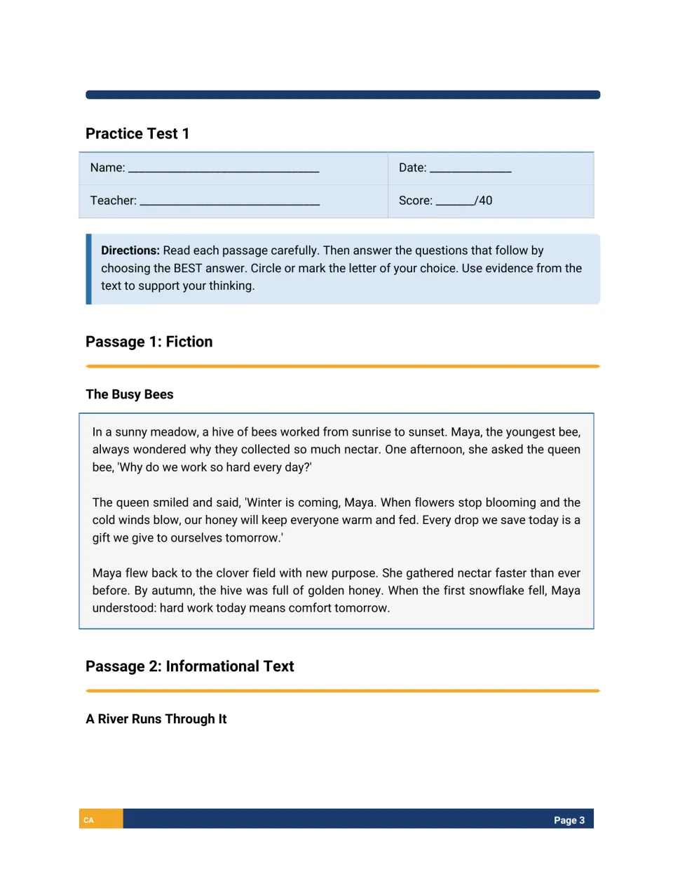 Practice Test 1 directions and fiction passage The Busy Bees: students read about Maya learning why the hive stores honey