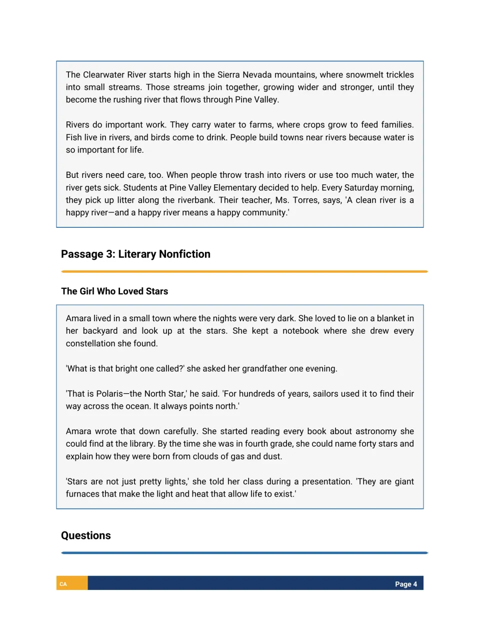 Reading passages: informational text on the Clearwater River and literary nonfiction The Girl Who Loved Stars about Amara