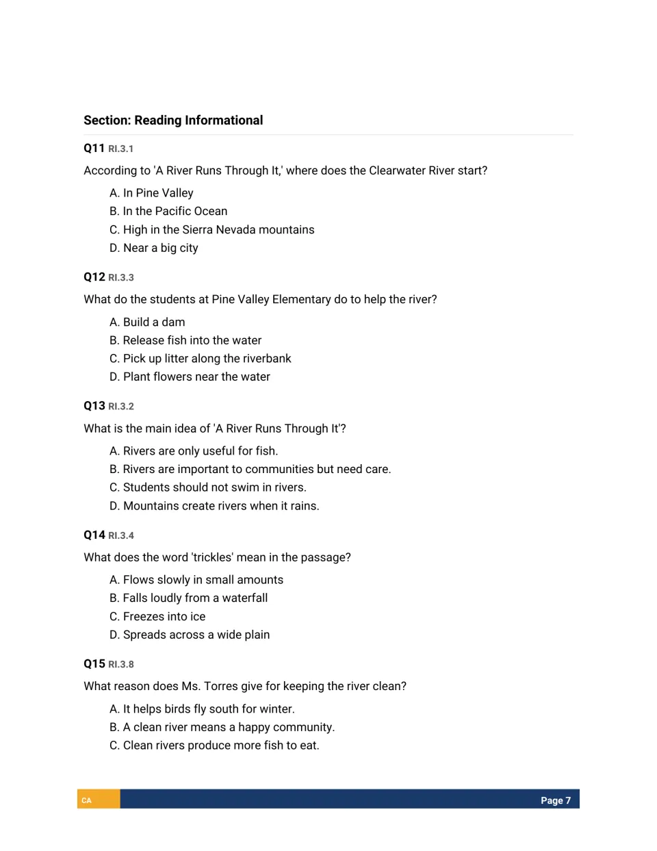 Reading Informational questions 11-15 on A River Runs Through It: key details, main idea, word meaning and reasons