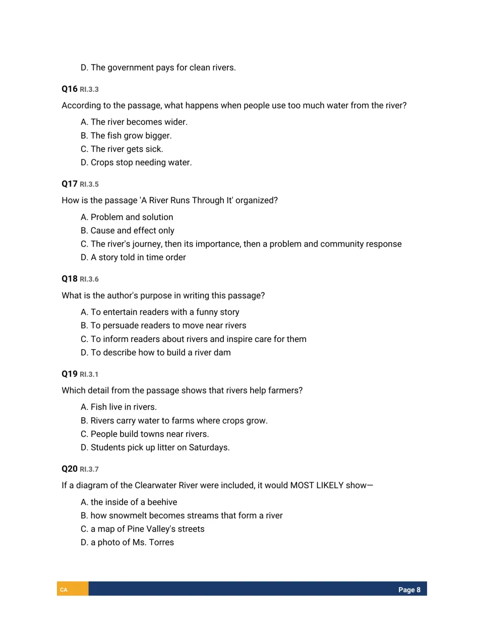 Questions 16-20 on the river passage: cause and effect, text structure, author's purpose, supporting details and diagrams