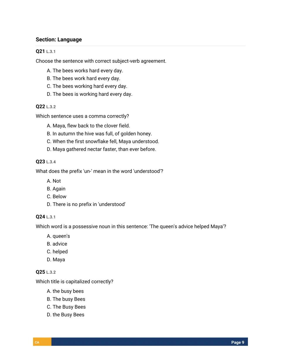 Language questions 21-25: subject-verb agreement, comma use, prefix un-, possessive nouns and capitalizing a title