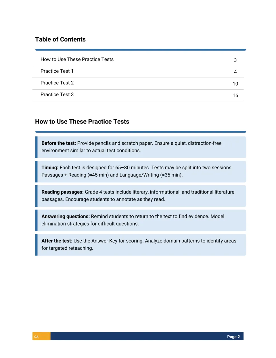 Table of contents and teacher directions for giving the tests: materials, 65-80 minute timing, passages and scoring tips