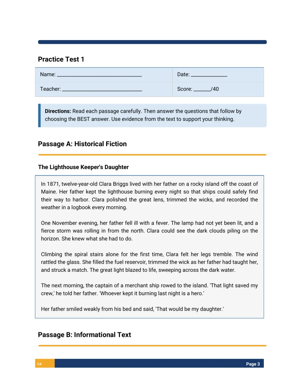 Practice Test 1 opens with a historical fiction passage, The Lighthouse Keeper's Daughter, for students to read closely