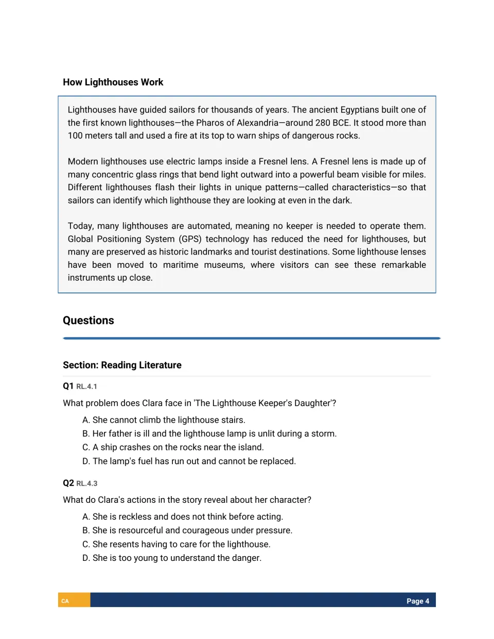 Informational passage How Lighthouses Work, then reading literature questions on Clara's problem and character traits