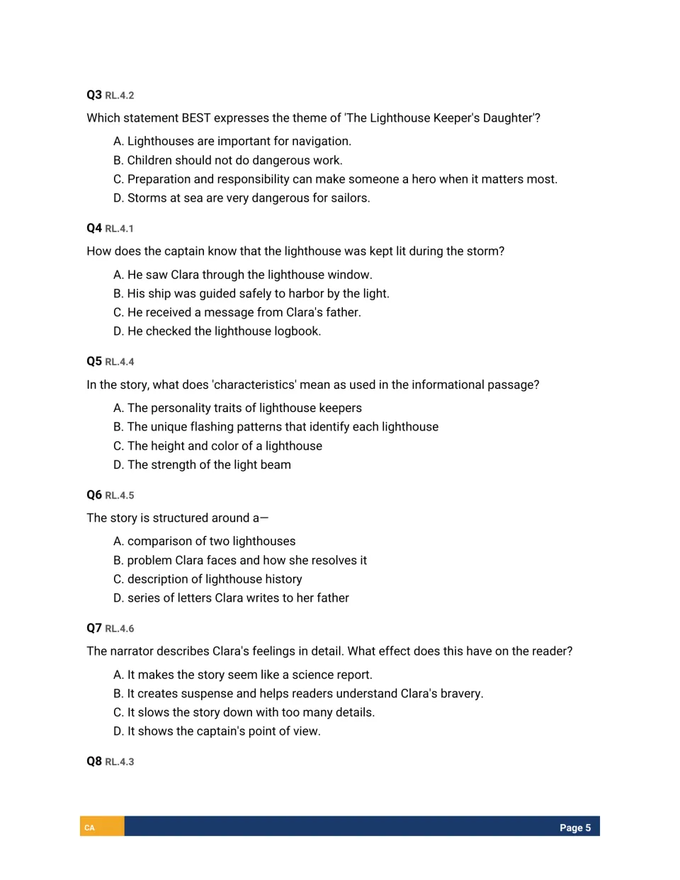 Multiple-choice reading literature items Q3-Q7 on theme, key details, word meaning, story structure and narration