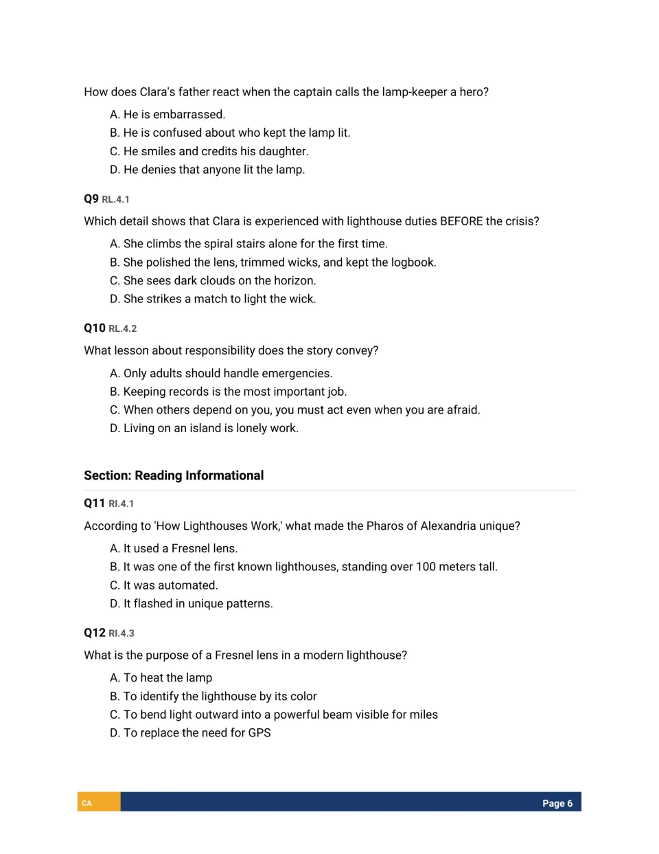 Q8-Q12: Clara's father's reaction and the story's lesson, then informational items on the Pharos and Fresnel lens