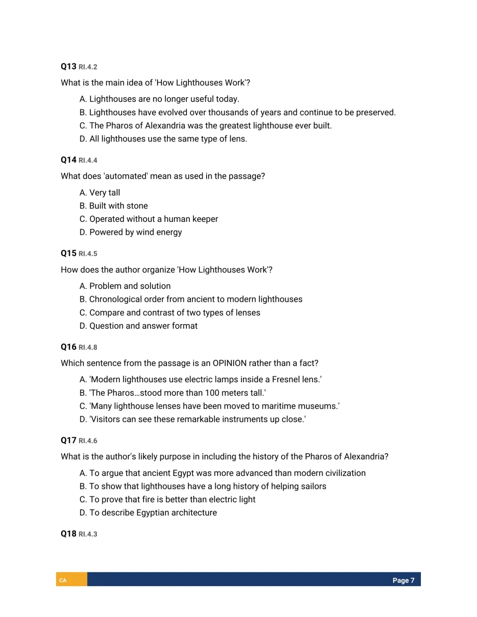 Informational questions Q13-Q17 on main idea, the word automated, text structure, fact vs. opinion and author's purpose